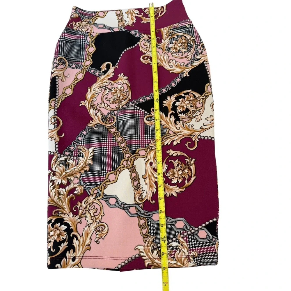 Thalia Sodi Womens Baroque Chain Print Pencil Skirt Burgundy Pink XS - Picture 6 of 7